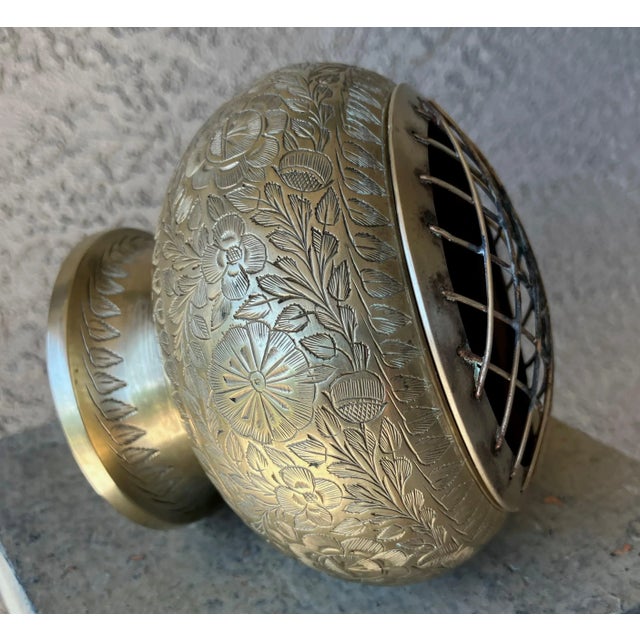 Circa 1970 Engraved Floral & Foliate Ikebana-Style Brass Pedestal Base Flower Frog For Sale - Image 12 of 14
