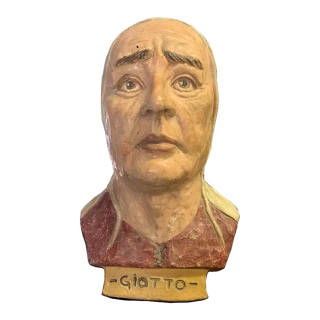 Antique Italian Impruneta Terracotta Statue of Giotto Di Bondone | Hand-Painted Sculpture | Florence, Circa 1880 For Sale