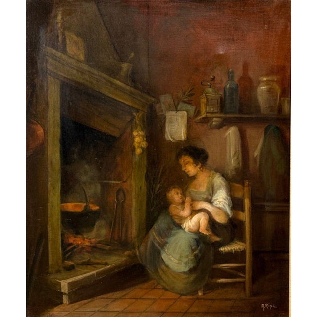 Oil on Canvas, Mother and Child, Signed A. Ripa, Italy, 19th/20th c. An antique oil painting depicting a quiet domestic...