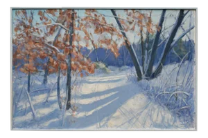 "Snowy Path by the Beech Tree" Contemporary Acrylic Painting by Stephen Remick, Framed