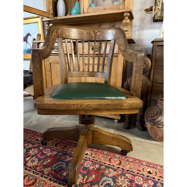 Wood Antique Oak Bankers Chair With Hunters Green Seat For Sale - Image 7 of 12