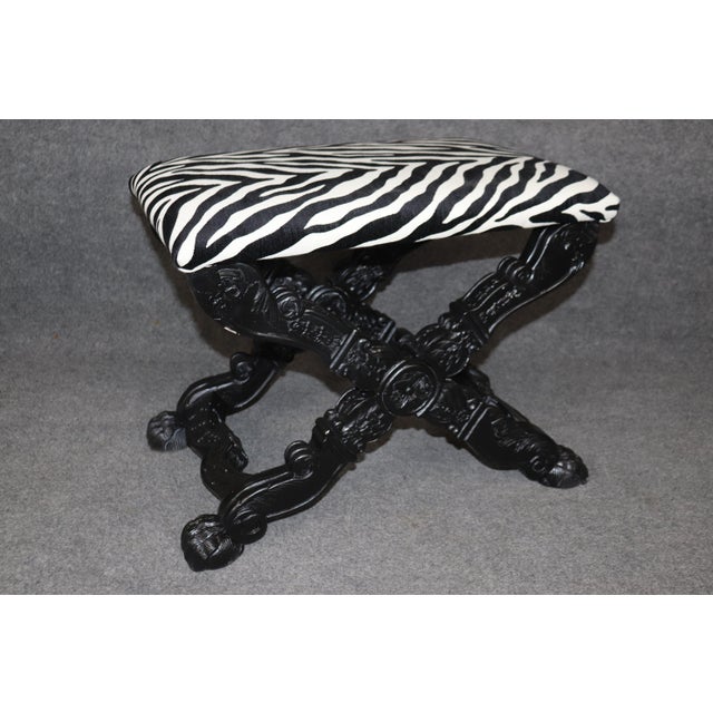 French Pair Ebonized Carved French Maison Jansen Style Zebra Print Upholstered Stools For Sale - Image 3 of 12
