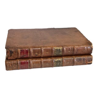 18th-C. Georgian Large Scale Leather & Faux Marble Latin Religious Books for a Library / Office / Study S/2 For Sale