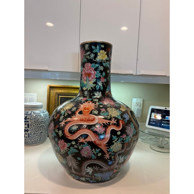 Vintage Chinese Black Ground Dragon & Floral Porcelain Vase With Gilt Rim Striking oversized vintage Chinese porcelain...