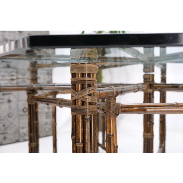 Very Large Octagonal Glass Top Leather Strapped Bamboo McGuire Dining Table For Sale - Image 12 of 13