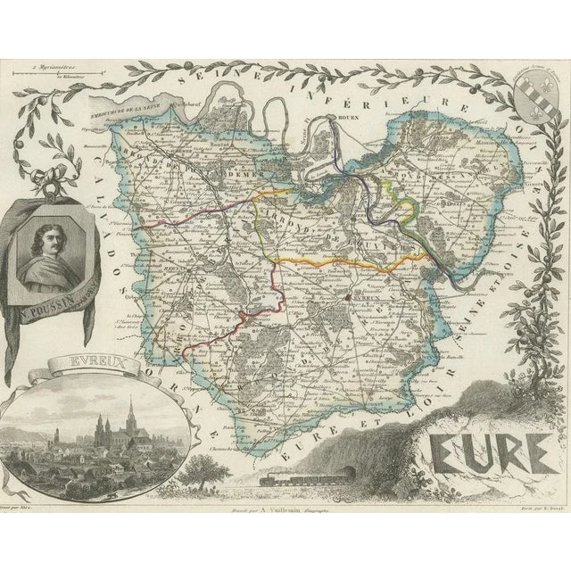 Black Map of Eure in France with Evreux, Poussin and Normandy Countryside, 19th Century For Sale - Image 8 of 10