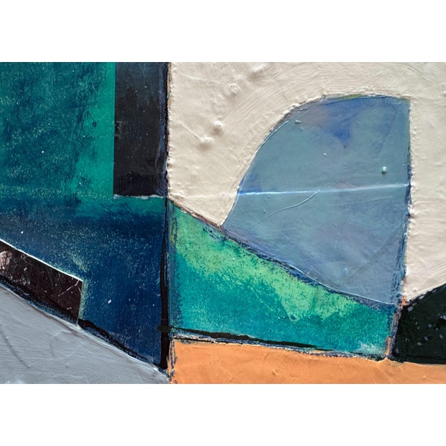 "Reflections" is an original abstract mixed media collage on panel by Zac Woodiel. This piece features various shades of...