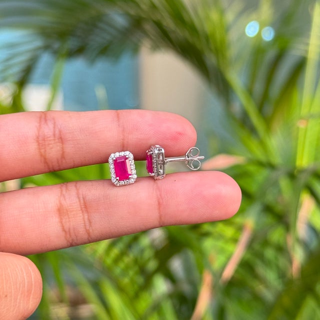 VRJewels Handmade 1.17 Ct Natural Red Ruby & Diamond Studs in 18k Gold- A Pair For Sale - Image 9 of 13