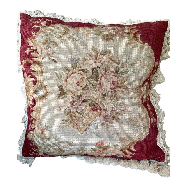 Vintage Aubusson Handmade Needlepoint Pillow With Down Insert For Sale
