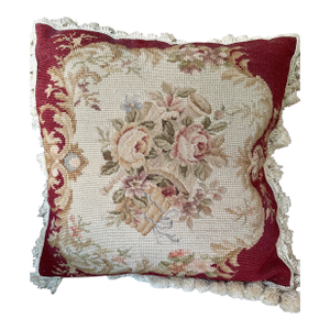 Vintage Aubusson Handmade Needlepoint Pillow With Down Insert