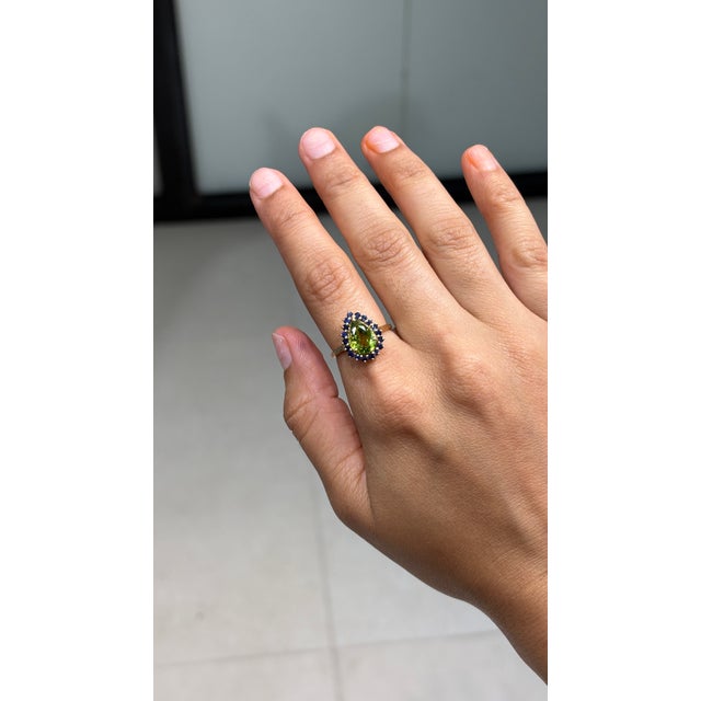 Pop Art Peridot Blue Sapphire Halo Green 14k Gold Ring Size 4, Fine Jewelry by VRJewels For Sale - Image 3 of 18
