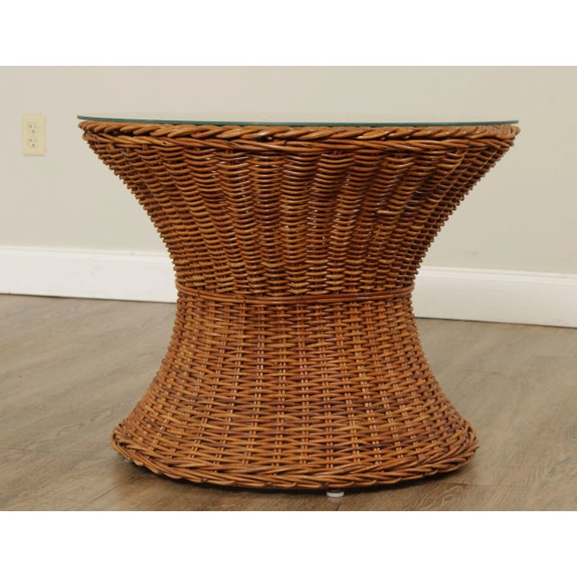 Wood 1970s Round Glass Top Wicker Side Table For Sale - Image 7 of 13