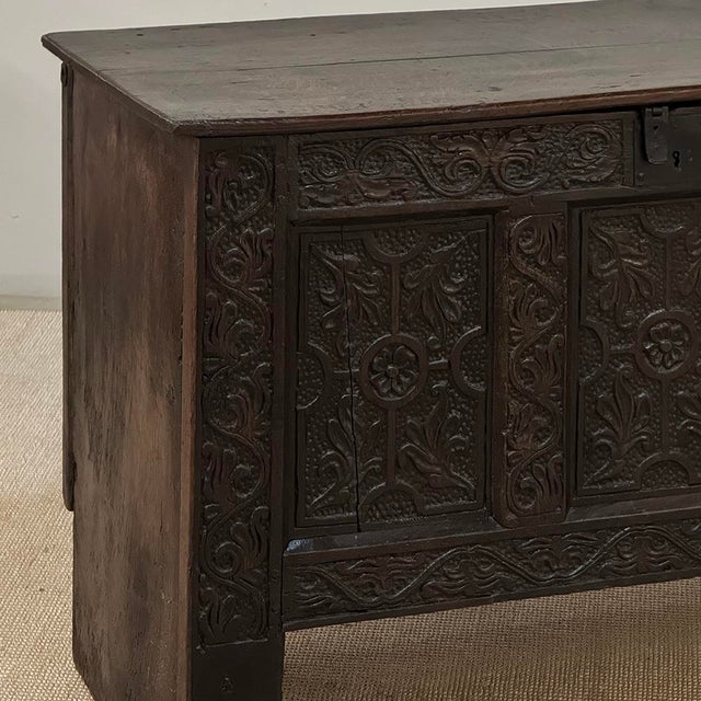 Late 18th Century 18th Century Dutch Gothic Revival Period Carved Oak Trunk ~ Blanket Chest For Sale - Image 5 of 18