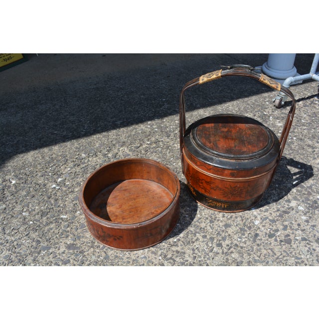 Vintage Asian Black & Brown Bamboo / Wood 3 Tier Wedding Basket With Painted Sides & Top Scene For Sale - Image 9 of 17