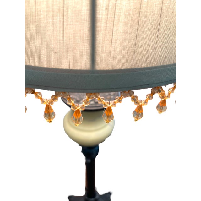 Metal 1970s Pair of Vintage Neoclassical Table Lamps With Ornate Metal Bases and Fabric Shades For Sale - Image 7 of 11