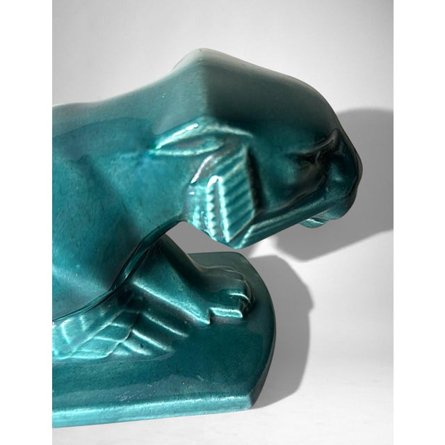 Mid 20th Century Art Deco Saint-Clément Style Panther France Green-Glazed Ceramic For Sale - Image 11 of 18