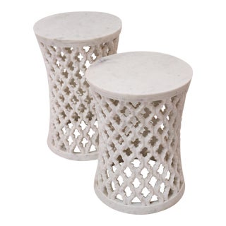 Set of Two Jour Jali Round Tables in White Marble by Paul Mathieu For Sale