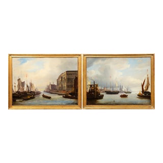 Fine Pair of British School Paintings of London Along the Thames Circa 1835 For Sale
