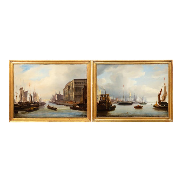 Fine Pair of British School Paintings of London Along the Thames Circa 1835 For Sale