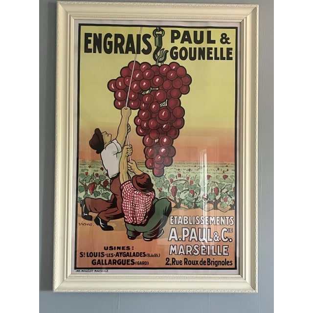 A bold graphic French advertisement from the 1980s — “Engrais Paul & Gounelle” by Viano, framed and ready for display as...