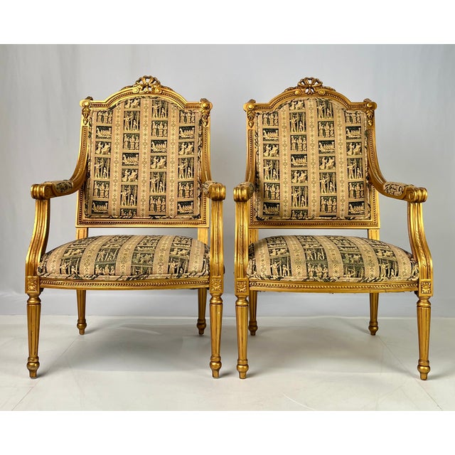 A striking pair of vintage French Neoclassical / Louis XVI style armchairs (Fauteuils) by Andre Originals Mfg. Co....