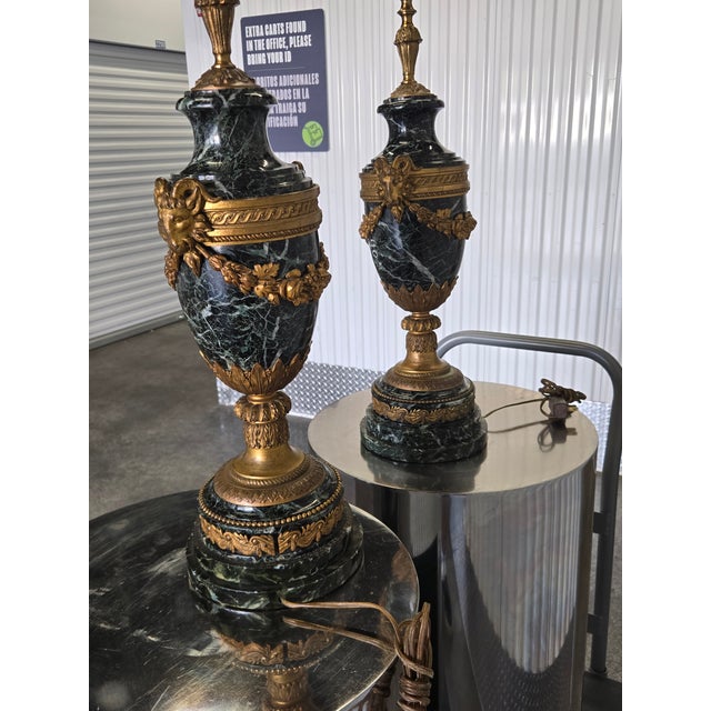 Green 19th Century French Bronze & Marble Urn Lamps - A Pair For Sale - Image 8 of 17