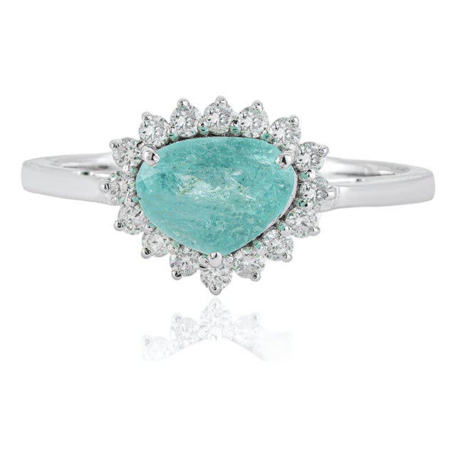 18k Gold 1.09ct Pear Cut Paraiba Tourmaline Diamond Halo Cluster Ring Size 4 For Sale