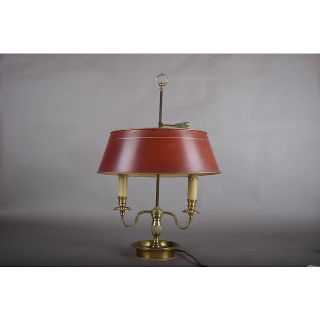 French Bouillotte Two-Light Table Lamp in Brass with Red Tôle Shade, 1930s For Sale - Image 6 of 13