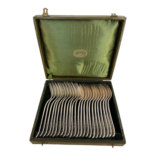 Antique Orfevrerie Christofle "Canaux Laurier" Monogramed Cutlery Set of 24 - 12 Dinner Knife and 12 Fork - 8" Long For Sale