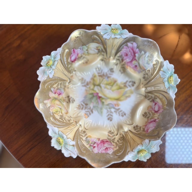 Early 20th Century Antique Porcelain Molded Floral Bowl Heavy Gold Gilt Ornate C1910 Orchids Roses For Sale - Image 5 of 17