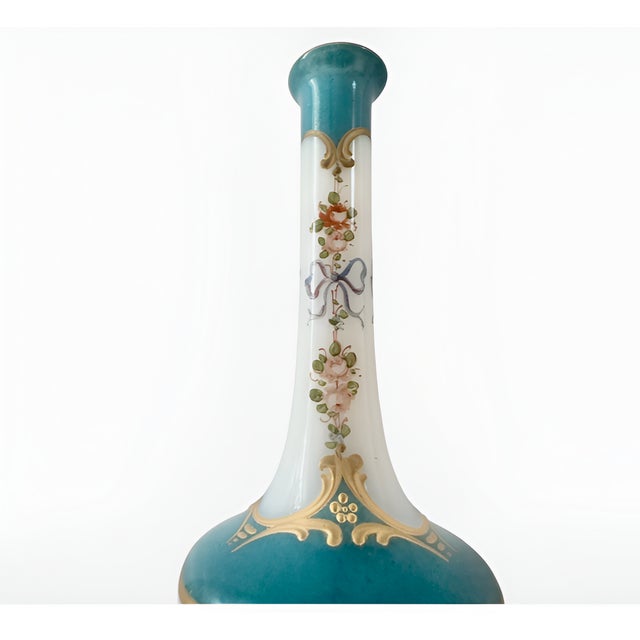 French Antique French Opaline Glass Bud Vase With Gilt Lip, Bows & Flowers, 1900, Paris For Sale - Image 3 of 11