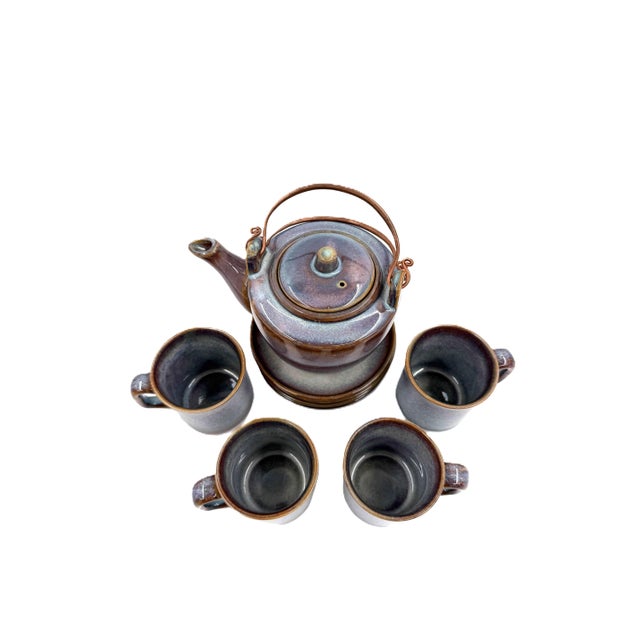 Ceramic Hand-Painted Vietnamese Ceramic Tea & Espresso Set for 4 With Dual-Glaze Finish - 9 pcs For Sale - Image 7 of 10
