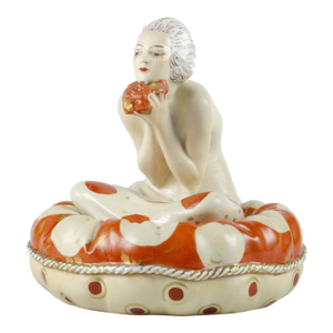 Early 20th Century Art Déco Hand-Painted Ceramic Cosmetic Powder Bowl of a Lady Sitting Over a Cushion by Aladin, France