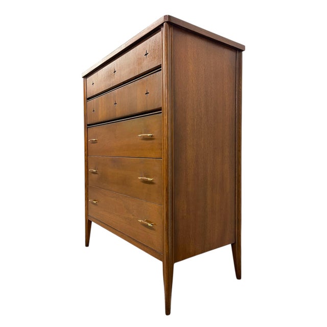 Brown 1960s Broyhill Premier “Saga" Highboy Dresser - Mid-Century Modern Chest With Starburst Carvings For Sale - Image 8 of 10