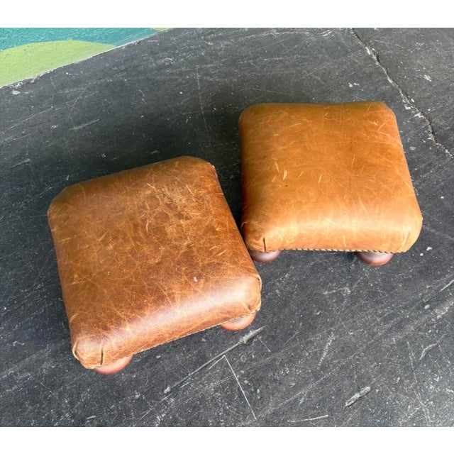 Petite Patinated Leather Footstool Pair For Sale - Image 4 of 8