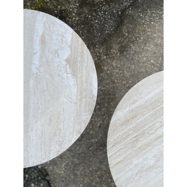 Italian Round Travertine Top Hexagon Wood Base Side Tables - a Pair For Sale - Image 9 of 13