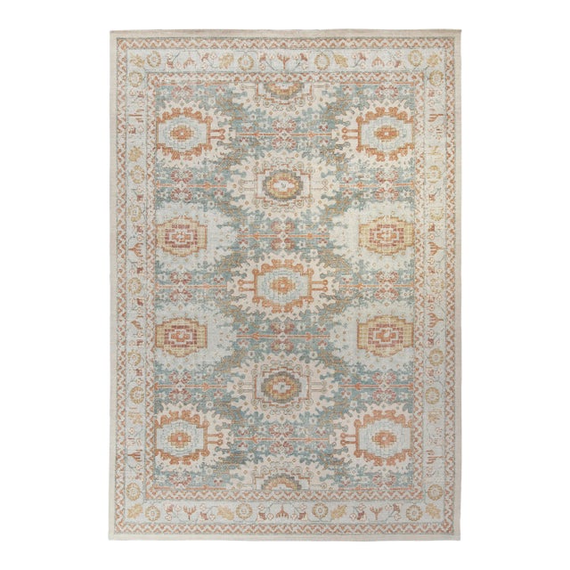 Rug & Kilim’s Oversized Distressed Rosette Rug in Beige and Blue, 12x16 For Sale