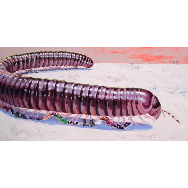 This oil painting features an oversized centipede, rendered with meticulous detail and vibrant colors that emphasize its...