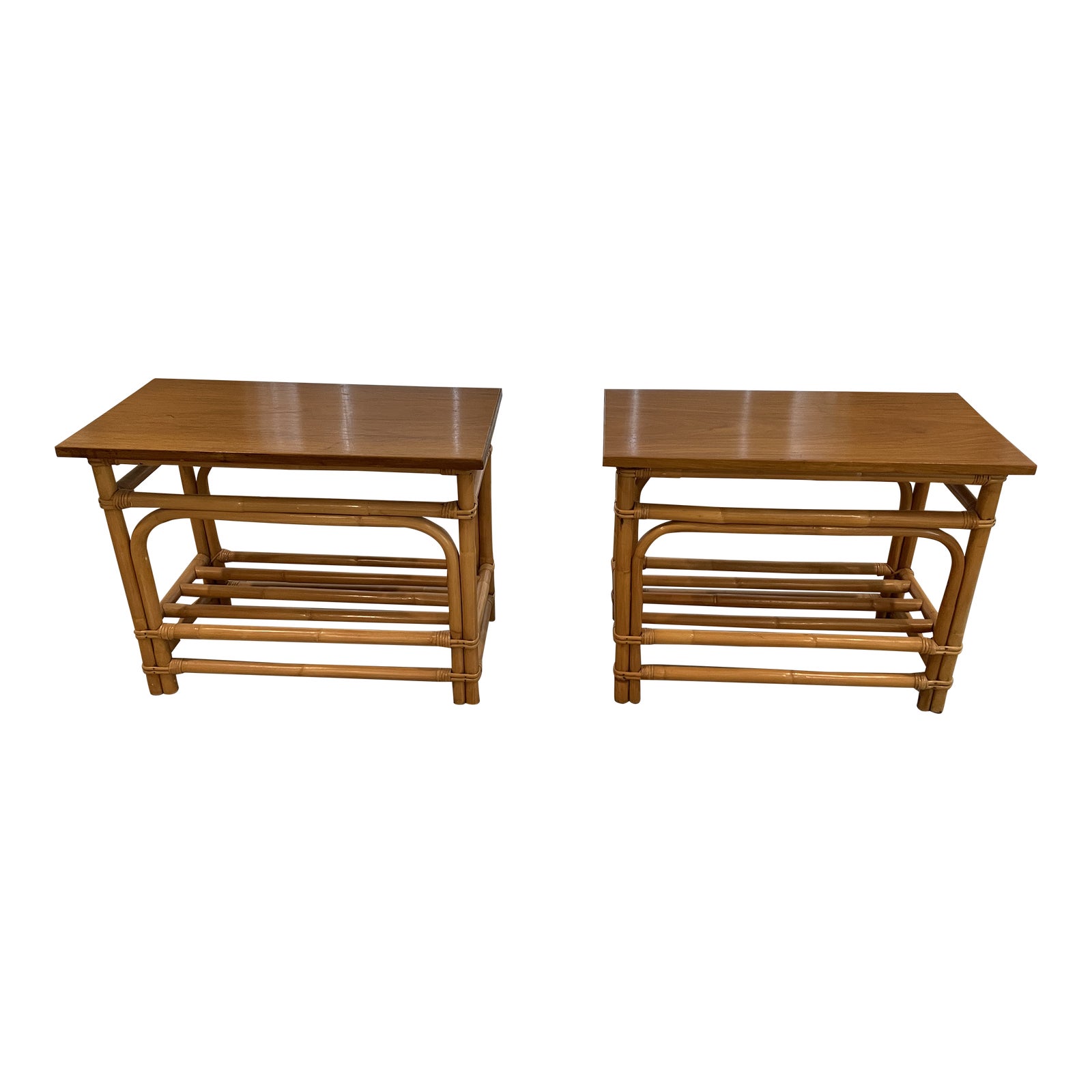 1950s MidCentury Rattan Side Tables in the Style of Paul Frankl Set