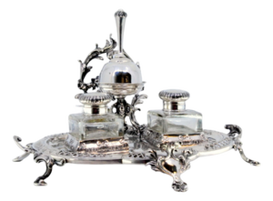 Silver Inkwell with Bell and Two Glass Tanks
