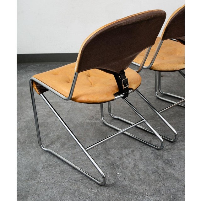 1960s Mid Century Danish Modern Dining Chairs Set 5 Tan Leather Attributed to Sam Larsson Dux Metal For Sale - Image 10 of 12