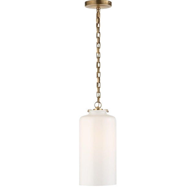 Thomas O'Brien for Visual Comfort Signature Katie Cylinder Pendant in Hand-Rubbed Antique Brass with White Glass For Sale