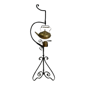 Turn of the Century Floor Model Brass Tea Kettle and Warmer on Wrought Iron Stand