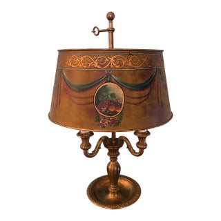 Brushed Brass Bouillotte Lamp With Paint Decorated Metal Shade For Sale