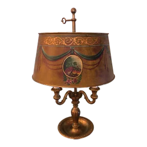 Brushed Brass Bouillotte Lamp With Paint Decorated Metal Shade
