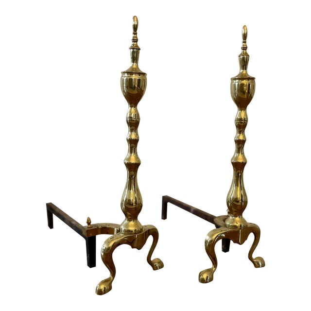 Vintage 1980s Polished Brass Andirons, Pair For Sale