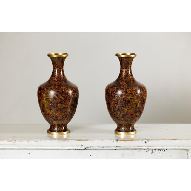 Metal Cloisonné Vases with Warm Reddish Brown Ground and Floral Decoration - A Pair For Sale - Image 7 of 18