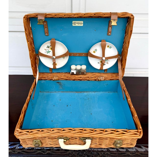 Campaign Vintage English Sirram Wicker Picnic Hamper Suitcase With Blue Interior & Plates For Sale - Image 3 of 14