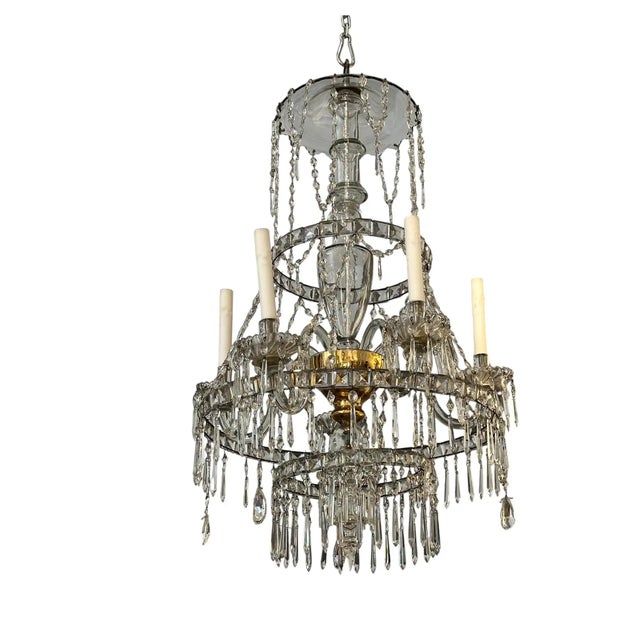 19th Century Swedish Neoclassical 5 Arm Chandelier. All original parts. Five arms issue from gilded glass bowl. Rings with...