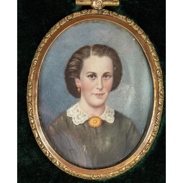 Antique Hand Painted French Portrait Miniature in Locket Style Frame, C. 1850 For Sale - Image 9 of 12
